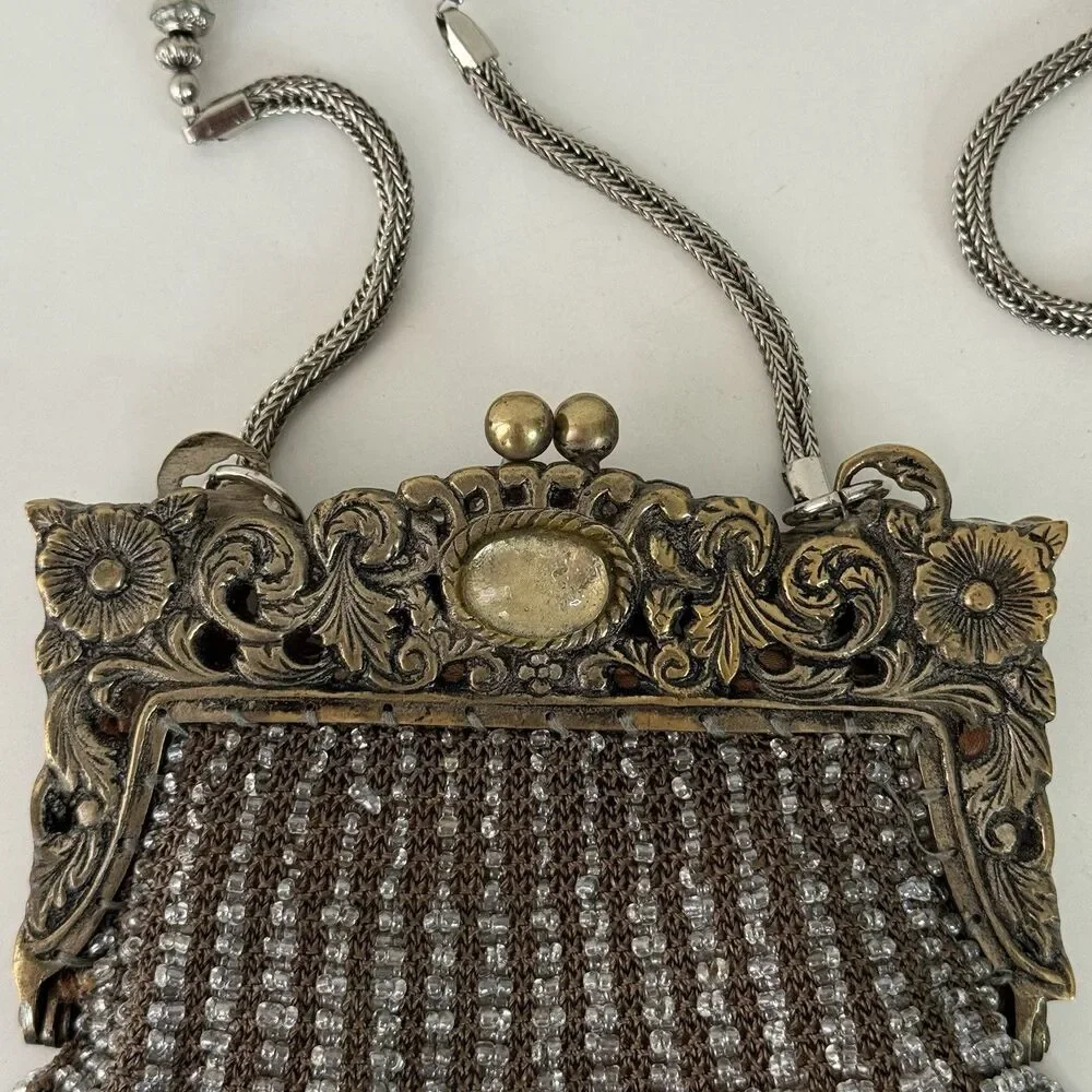 Vintage 1920's Art Deco Beaded Evening Bag Silver Gold Metal Ornate Frame Mirror